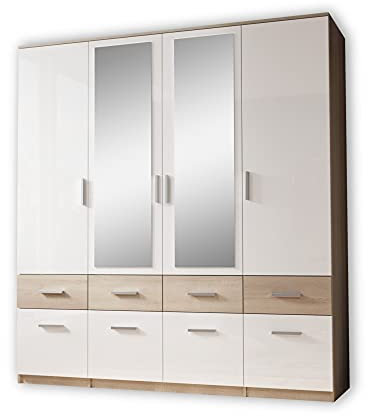 Stella Trading BOX Eleganter Kleiderschrank mit Spiegel & Schubladen - Geräumiger Drehtürenschrank in Sonoma Eiche Optik, Weiß - 180 x 198 x 55 cm (B/H/T)