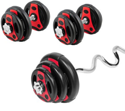 Bad Company Hantelset I K-Grip Hantelscheiben aus Kunststoff (6 x 1,25 kg, 6 x 2,5 kg, 2 x 5 kg) inkl. Super SZ-Curlstange und Kurzhanteln 30/31 mm I Komplett-Set 45 kg