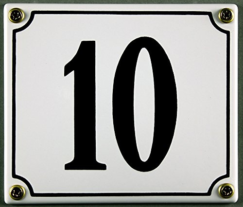 Emaille Hausnummernschild - Wählen Sie Ihre Nummer - Zahlen 1 bis 30 verfügbar - weiß/schwarz 12x12 cm und 12x14cm - sofort lieferbar! Hausnummer Schild wetterfest und lichtecht (10 weiß/schwarz 12x14cm)