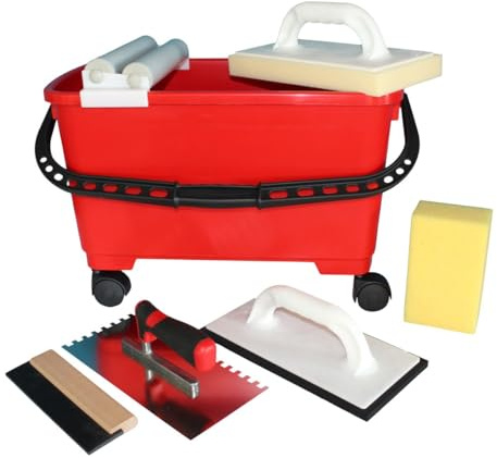 Fliesenwaschset Fliesen Waschset Fliesenwascheimer Fugbox 22 Liter Gitter - Bodenrollen + Fliesenlegerwerkzeuge Hydro Waschbrett - Zahnkelle rostfrei mit Softgriff uvm. + GRATIS 2 x Wascheimer-Beutel