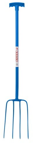 Red Gorilla 4 Prong Manure Fork with T Handle Blue Lightweight For Stable Bedding Mucking Out Metal Pitchfork for Hay and Garden Compost 114cm Long