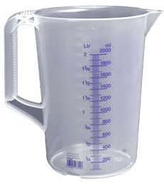 hünersdorff Messbecher 2l | Polypropylen (PP) | bruchsicher und spülmaschinengeeignet | geschlossener Griff | blaue Skala, Transparent+blau