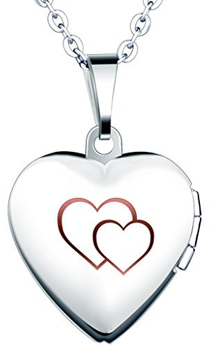 Yumilok Edelstahl Doppel Herzen Foto Medaillon zum Öffnen Photo Bilder Amulett Silberfarben Blau Herzanhänger Halskette Kettenanhänger für Damen Mädchen