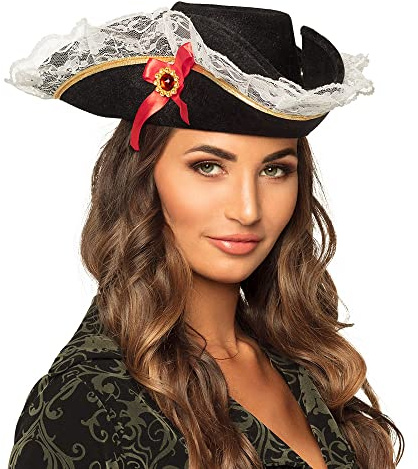 Boland - Piratenhut Stacey für Erwachsene, 57 cm | Dreispitz Hut mit Schleife, Pirat Kostüme, Karneval und Mottoparty, Seefahrer, Kapitän
