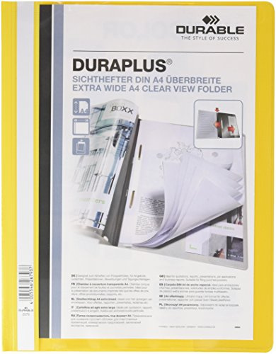Durable Präsentationshefter Duraplus A4+, 25 Stück, gelb, 257904 | Schnellhefter mit Einstecktasche, Sichthefter mit Sichttasche für A4, Überbreite, Beschriftungsstreifen, Made in Germany