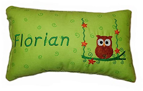 Momelie Grünes Schmusekissen * Kuschelkissen * Eule * mit Namen Bestickt * 17 x 29 cm * SK-gn_0022