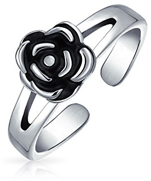 Svart rosblomma form begrad midi delad band tåring för kvinnor oxiderad 925 silver sterling justerbar