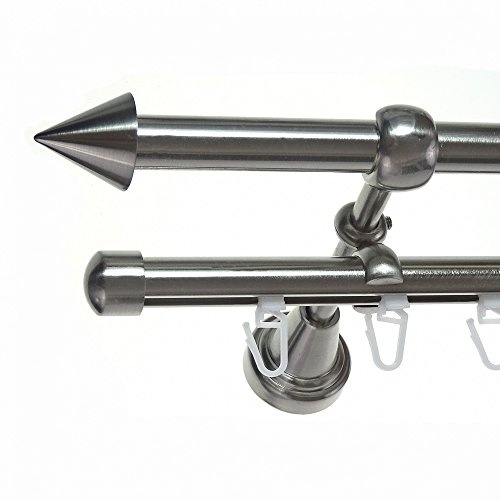 BASIT Gardinenstange Innenlauf Edelstahllook 16mm 2-läufig Wand 200cm H14RI | Gardinenstangenset doppelläufig Wandmontage Metall Vorhangstange Wandhalterung 120-600cm wählbar Kappe Spitze E29
