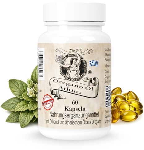 Athina® Oregano Öl 1 x 60 Kapseln I Softgels-Forte 500 mg | 100 mg pro Kapsel & 400 mg natives Olivenöl Extra aus Griechenland | 80% Carvacrol