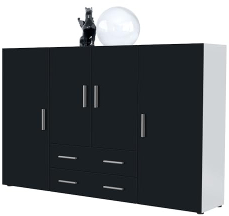 Vladon Highboard Nora Anrichte mit 2 Schubladen und 4 Türen mit insgesamt 8 Fächer dahinter, Weiß matt/Schwarz matt (166,5 x 106,5 x 35 cm)