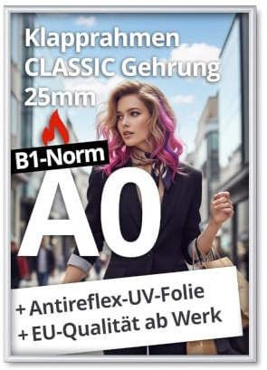 net-xpress® A0 Brandschutzrahmen | Klapprahmen Brandschutz A0 | Plakatrahmen B1 Norm nach DIN 4102 schwer entflammbar | 25 mm silber | mit Antireflex-Folie, Schrauben & Dübel | Hoch- & Querformat