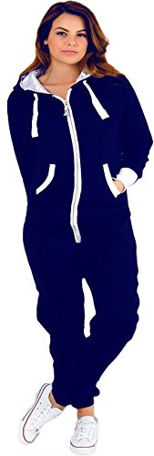 Parsa Fashions ® Womens Plain Zipper Onesie Ladies Onepiece All in One Hooded Zip Up Overall Jumpsuit Playsuit S-XL 8-16 (L, Navy)