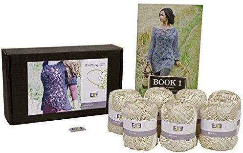 DesignEtte Strickset Pullover DIY Pulli Poetic Lace mit 7 Knäulen extrafeiner Merino Wolle + Anleitung für 7 Dänische Strick Designs und 2 Häkel Designs. Größe S/M, Weiss.