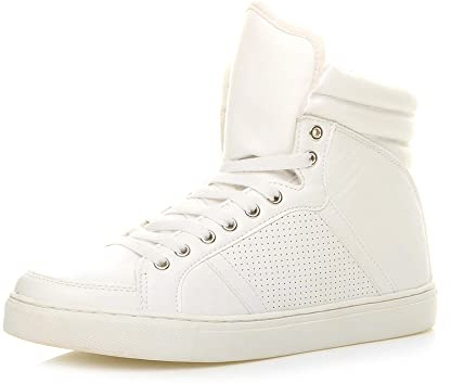 Ajvani Mens lace up Casual Flat hi high top Ankle Boots Trainers, 10 UK, White