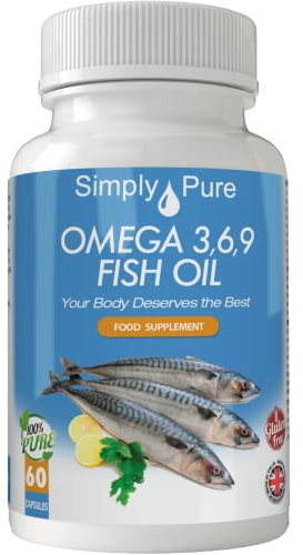 Simply Pure Omega 3,6,9 Fish Oil Complex with Flaxseed & Vitamin E for Heart Health and Joint Stiffness | Distilled for No Fishy Aftertaste | DHA and EPA | 1400mg Capsules x 60 | Gluten Free | GM Free