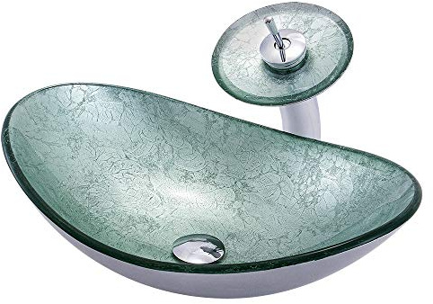 HomeLava Modern Waschbecken Glas Oval Set Hartglas Aufsatzwaschbecken mit Wasserfall Wasserhahn und Chrom Pop Up Ventil