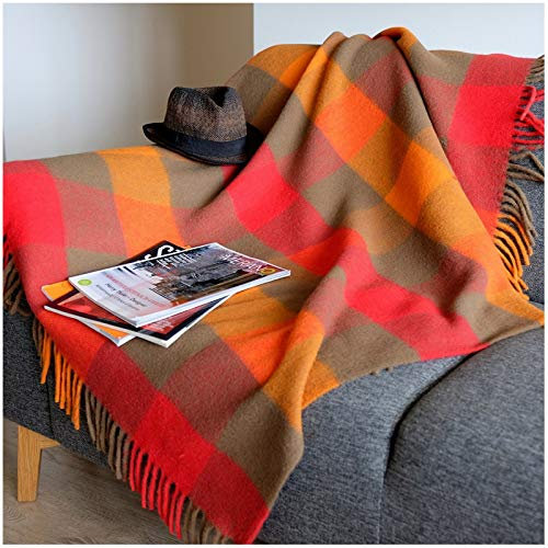 Linen & Cotton Flauschige Weiche Warme Decke Wolldecke Bunt Karierte Wohndecke Kuscheldecke Bolivia - 100% Reine Neuseeland Wolle, Braun Rot Orange (130 x 170 cm), Sofadecke Überwurf Schurwolle