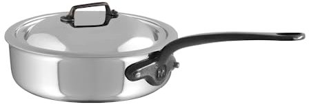 Mauviel M'Cook CI 5-Ply Polished Stainless Steel Saute Pan With Lid, And Cast Iron & Helper Handle, 6.2-qt, Made In France