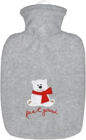 Hugo Frosch Wärmflasche Klassik 1,8l – Made in Germany – mit weichem Fleecebezug Eisbär feel good Grau – große, auslaufsichere & geruchsneutrale Bettflasche – mit waschbarem Bezug