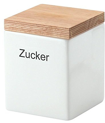 Continenta Zucker Vorratsdose aus Keramik, quadratisch, mit Holzdeckel, luftdichter Vorratsbehälter, 0,8 Liter, Größe: 10 x 10 x 12,5 cm