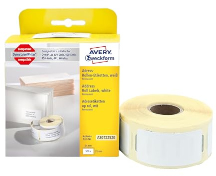 AVERY Zweckform AS0722520 Dymo LabelWriter Adressetiketten kompatibel zu S0722520 (25x54mm, 1 Rolle|500 Adressaufkleber, selbstklebend, für LW Dymo Etikettendrucker/Beschriftungsgerät/Etikettenband)