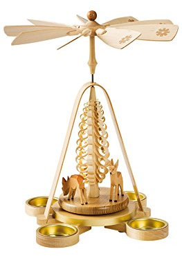 Pirámide de navidad ciervos tallados, 28 cm. de alto, natural con velas pequeñas, origianl de los Montes Metálicos (Erzgebirge) hecho por la empresa Richard Glaesser del pueblo de Seiffen