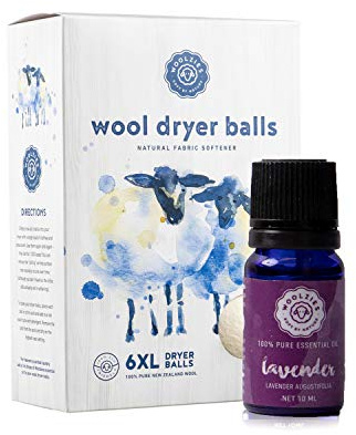 Woolzies Wool Dryer Balls Organic: 6 XL Laundry Balls for Dryer + 10 ml Lavender Essential Oil Combo for use as 100% Pure and Natural Fabric Softener | Best Scented Wool Balls Laundry