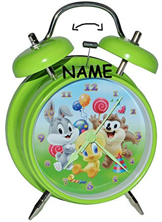 alles-meine.de GmbH Wecker Baby Looney Tunes incl. Name - für Kinder Metall großer Wecker Analog - Alarm Metallwecker - Bugs Bunny Tweety Taz Domic Kinderwecker