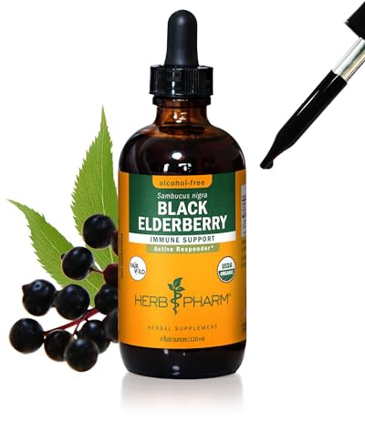 Herb Pharm Certified Organic Black Elderberry Liquid Extract Drops for Immune System Support, Alcohol-Free Glycerite, 4 Oz