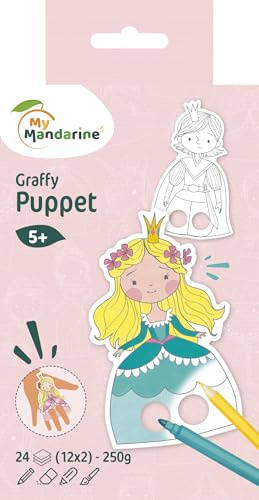 MY MANDARINE GY008O - Malblock Graffy Puppet, 24 vorgestanzte Zeichnungen Fingerpuppen (12 Designs x2), 250g Zeichenpapier, ab 5 Jahren, Prinzessin und Prinz, 1 Stück