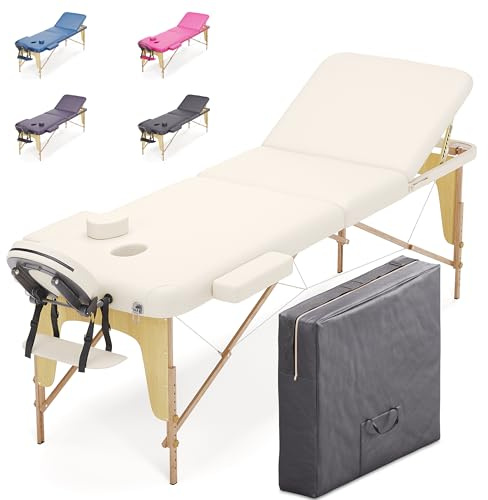 Beltom® Lettino da Massaggio 3 Zone in Legno 195 X 70 CM - LETTINI per Massaggi Portatili Pieghevoli Angoli ARROTONDATI RINFORZATI E Pannello Reiki - Fisioterapia Tattoo Tatuaggi Relax - Panna