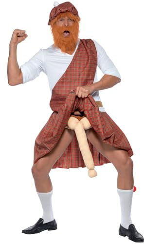 Smiffys, Herren Gut bestückter Highlander Kostüm, Mütze, Bart, Oberteil, Schärpe, Kilt, Tasche, Strümpfe und bestes Stück, 20358