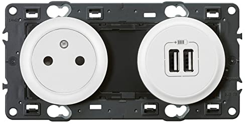 LEGRAND - Prise Electrique Murale avec Terre + Double Chargeur USB Céliane Surface - Prise Affleurante avec Socle Rétractable - Blanc