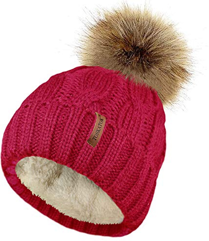 TOSKATOK Damen Chunky weichen Kabel Stricken Hut mit gemütlichem Fleecefutter und abnehmbarem Kunstpelz Pompom