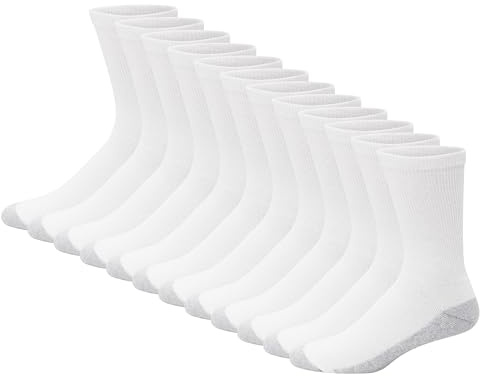 Hanes Mens Double Tough Socks, 12-pair Pack Crew Socks, White/Grey Foot Bottom, 6-12