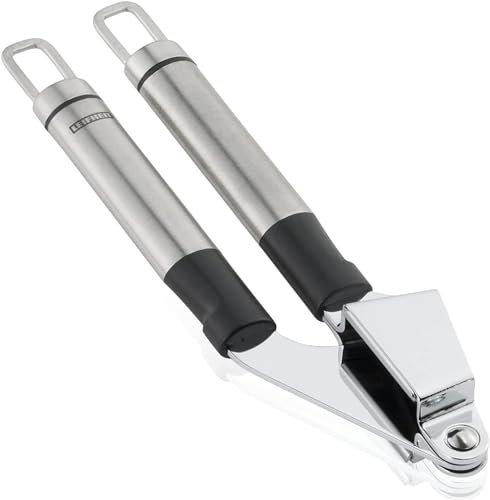Leifheit Knoblauchpresse ProLine-Serie, Knoblauchschneider aus rostfreiem Edelstahl, spülmaschinenfest, garlic press, hochwertiges Design, einfache Handhabung und Reinigung, silber, schwarz