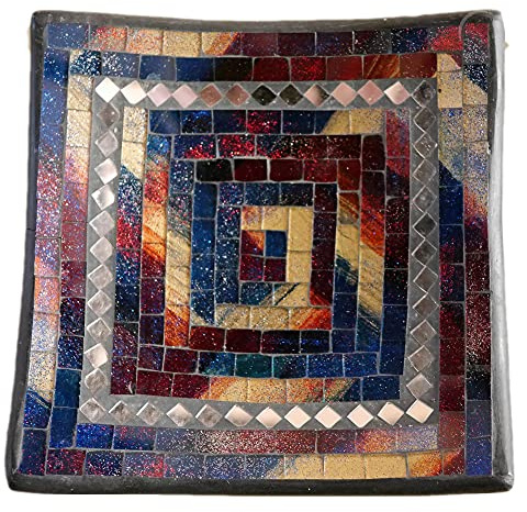 ART-CRAFT Dekoschale Mosaikschale blau rot mit Spiegel Tonschale Schlüsselschale aus Terracotta mit handbemalten Glaselementen zu einem schönen Muster von Hand gearbeitet