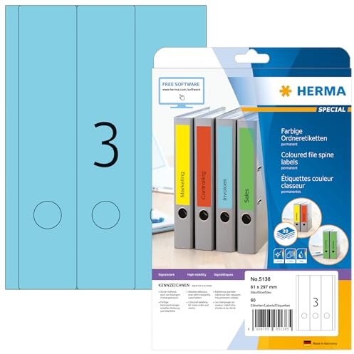 HERMA 5138 mappetiketter A4 bred/lång (61 x 297 mm, 20 ark, papper, matt) självhäftande, utskrivbara, permanenta mappa ryggetiketter, 60 filetiketter, blå