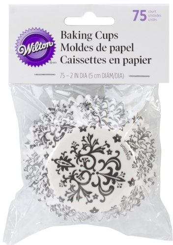 Wilton Pirottini da Forno Damascati conf/75, Bianco e Nero - Pirottini per Muffin e Cupcake in Carta, Stampini di Carta per Piccoli Cupcake, Muffin e Cioccolatini - pk/75