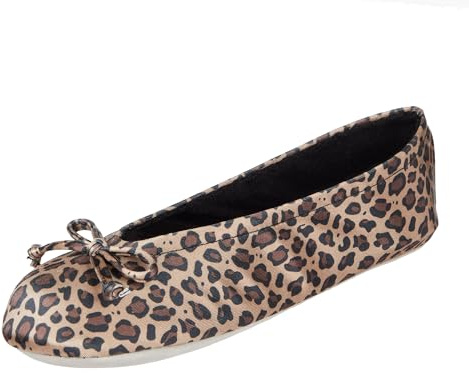Isotoner Women's Satin Ballerina Slippers with Soft Tie Bow and Suede Sole, Cheetah, 6.5-7.5