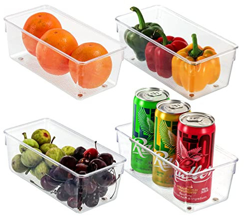 Kurtzy Kitchen Fridge & Cupboard Storage Trays (4 Pack) - 20cm/7.87 Inches Overall Length - Clear Plastic Refrigerator Bins - Bathroom, Pantry, Drawer, Freezer and Home Storage Organiser Containers