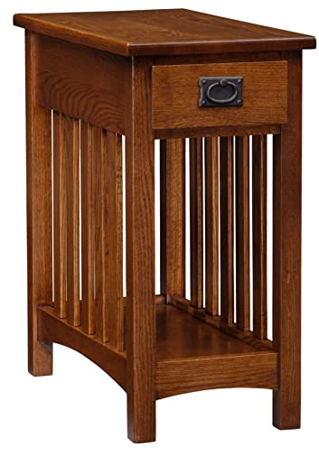 Leick Home Mission End Table, Solid Wood, 1 Storage Drawer, Bottom Display Shelf, Narrow, Slatted Sides, Easy-Assembly, Medium Oak, 22.5 in L x 12 in W x 24 in H, 8202