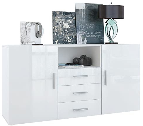Vladon Sideboard Skadu, Kommode mit 2 Türen, 3 Schubladen und 1 offenem Fach, Weiß matt/Weiß Hochglanz (138,5 x 71,5 x 35 cm)
