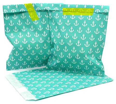 Frau WUNDERVoll® 100 PAPIERTÜTEN TÜRKIS, ANKER 13 x 16,5 cm, 45 Gramm Papier, flach / Candy Bar, Hochzeit, Kindergeburtstag, Papiertütchen, Candybag, Tüten, Mitgebseltüten