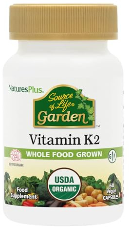 NaturesPlus Source of Life Garden Vitamin K2 - 60 Capsules - Supports Healthy Bones - USDA Certified Organic, Non-GMO, Vegan, Gluten Free - 60 Servings