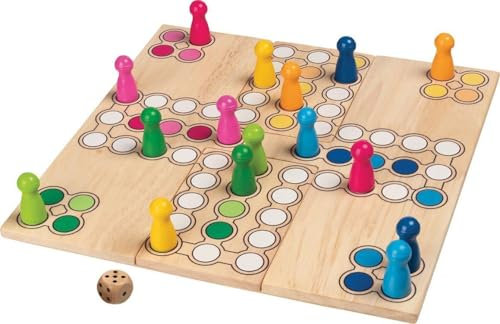 goki 56914 Brettspiel Ludo aus massivem Holz, 24 × 24 cm – Variables Spielfeld für 2 bis 4 Spieler, inkl. 16 Figuren & Würfel