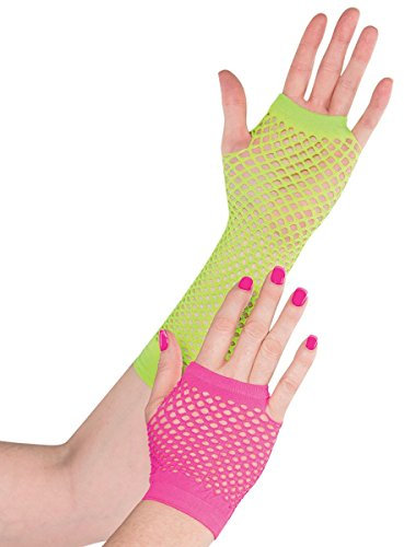 80's Punk Neon Pink and Green Fingerless Fishnet Long and Short Gloves - Fits Most Teens & Adults, 2-Piece Set - Ideal for Christmas, Halloween, & Theme Parties