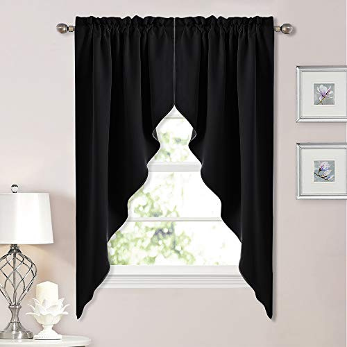 NICETOWN Blackout Window Treatment Pole Pocket Kitchen Tier Curtains- Tailored Scalloped Valance/Swags for Living Room (2 Panels, 36 W X 63 L Each Panel, Black)