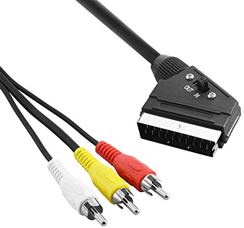 BestPlug 5 Meter Audio Video Kabel mit Schalter, 3 Cinch Stecker auf 1 Scart Stecker, Schwarz