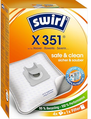Swirl X 351 EcoPor Staubsaugerbeutel (4 Beutel), reißfeste Staubbeutel für einige Hoover, Rowenta & Severin Staubsauger, 99,9% Filterung von Hausstaub & allergenem Feinstaub, Weiß